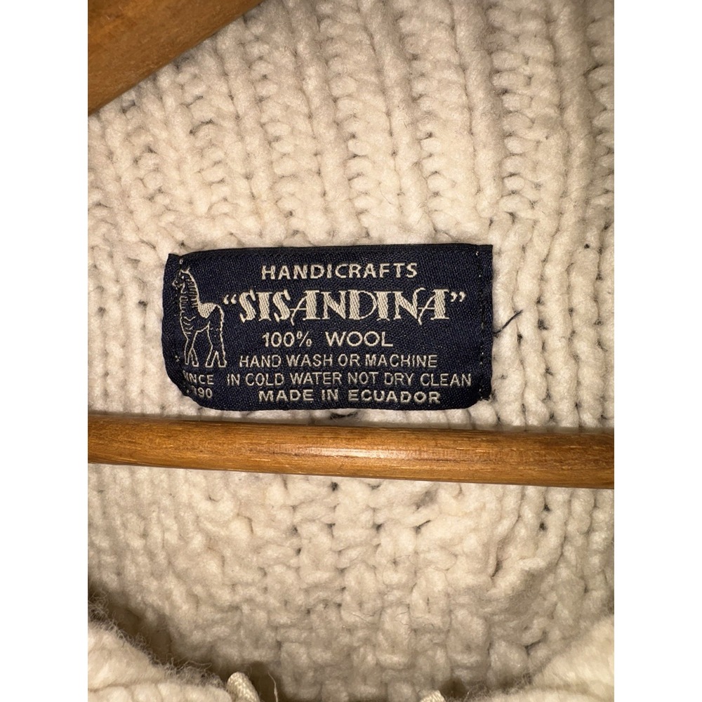 Hand Knit 100% Wool Fisherman's Sweater Sz M Cream Zip Made In Ecuador Sisandia - Picture 4 of 8